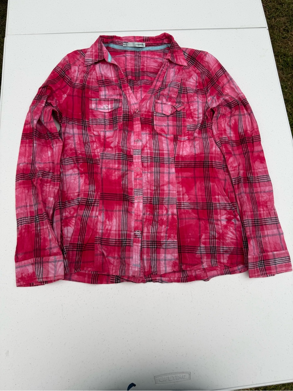 Maurices Red Plaid Tie-Dye Button Down Shirt